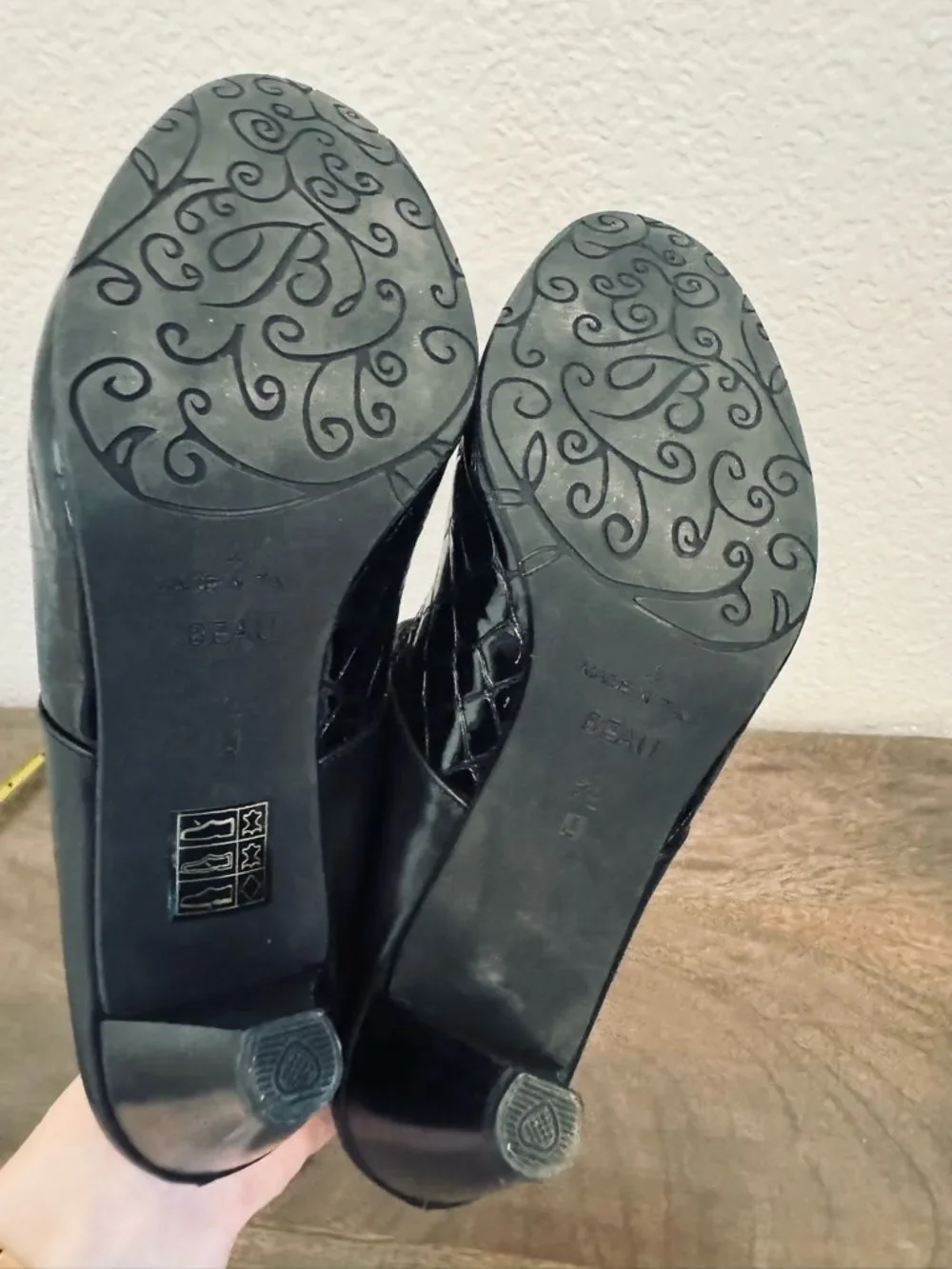 Brighton Beau Black Patent Silver Open Back Heels 7.5